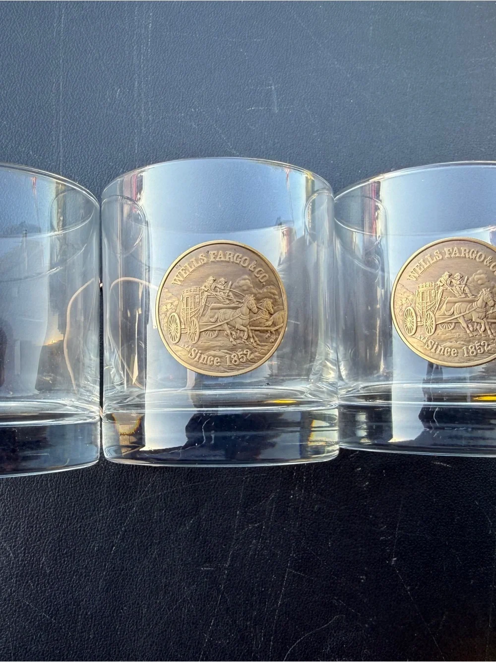 3 Wells Fargo Bank Lowball Bar Glass Set Stagecoach Token Coin Western Motif